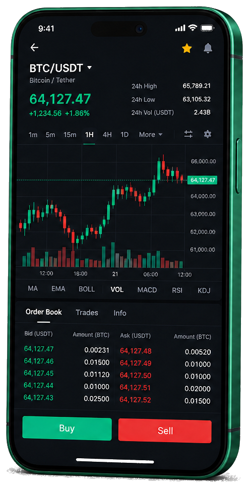 Interface mobile de trading Alphairos GPT — cours BTC/USDT en temps réel, carnet d’ordres et outils de suivi des transactions